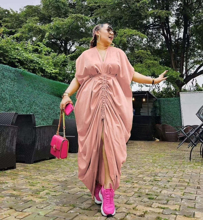 Dusty pink ruched maxi dress with adjustable waist tie and front slit