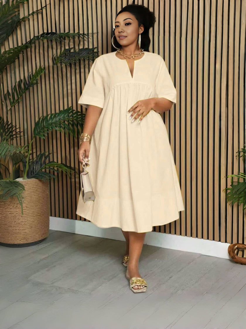 Beiges V-Neck Midi-Kleid, lockerer Schnitt, kurze Ärmel, geraffter Rocksaum