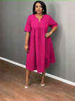 Hot-Pink V-Neck Midi-Kleid, lockerer Schnitt, kurze Ärmel, geraffter Rundumteil