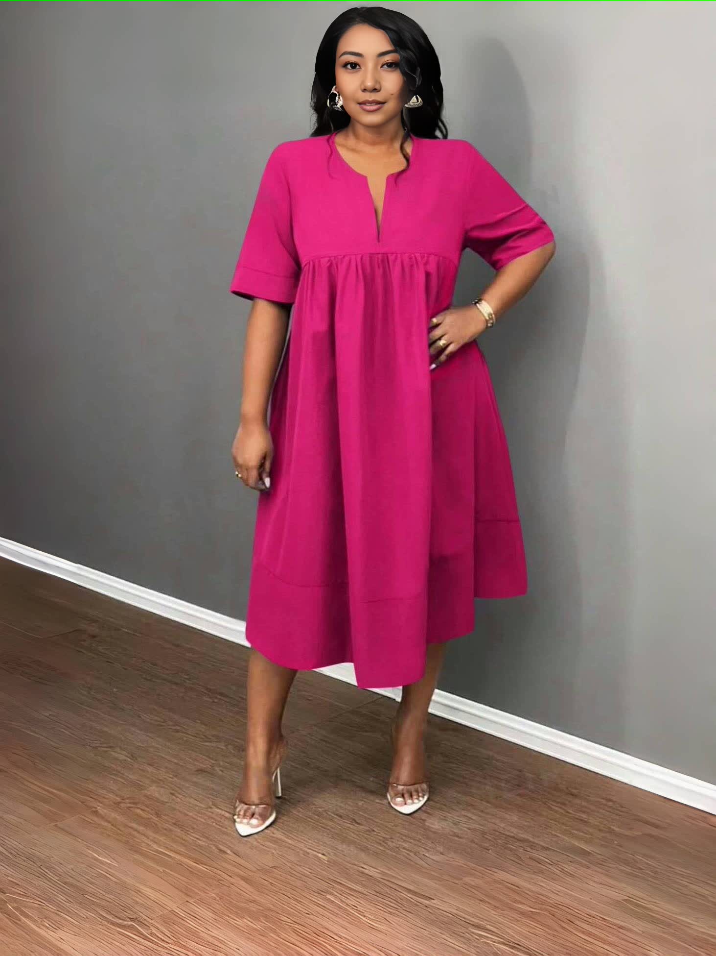 Hot-Pink V-Neck Midi-Kleid, lockerer Schnitt, kurze Ärmel, geraffter Rundumteil