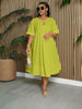 Gelbgrünes V-Neck Midi-Kleid, locker fallend, kurze Ärmel, geraffter Saum