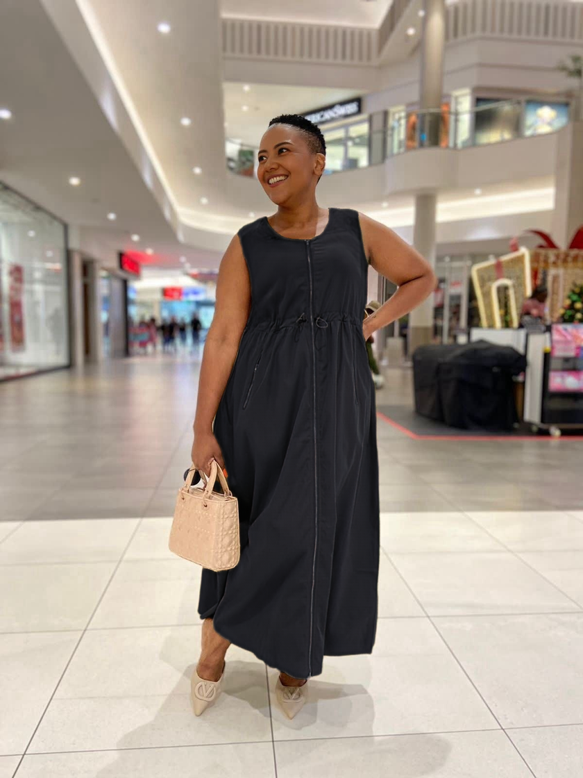 Sleeveless Dress, Front Zipper Design, Drawstring Waist