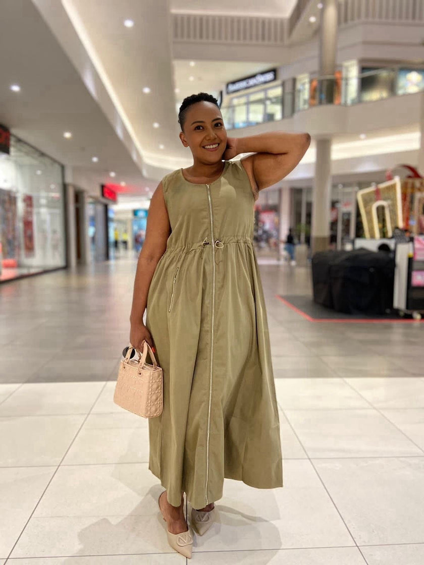 Sleeveless Dress, Front Zipper Design, Drawstring Waist