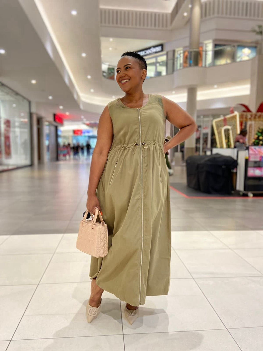 Sleeveless Dress, Front Zipper Design, Drawstring Waist