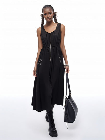 Sleeveless Dress, Front Zipper Design, Drawstring Waist