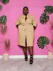Nude belted midi shirt dress with collar, button front, long sleeves, side slit