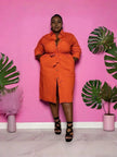 Orange-red belted midi shirt dress with collar, button front, long sleeves, side slit