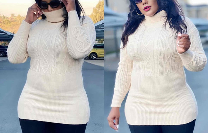 Cream high-neck knit sweater with geometric diamond pattern, long sleeves.