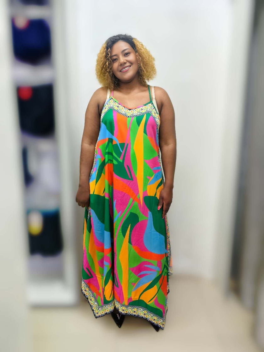 Sleeveless Maxi Dress with Abstract Print and Spaghetti Straps