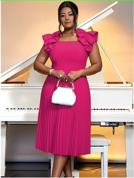 Pink midi pleated dress with puff ruffle sleeves and square neckline