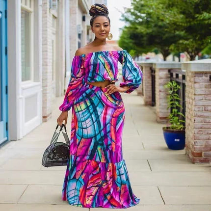 Off-shoulder puff-sleeve set with cropped top and maxi skirt, colorful abstract print