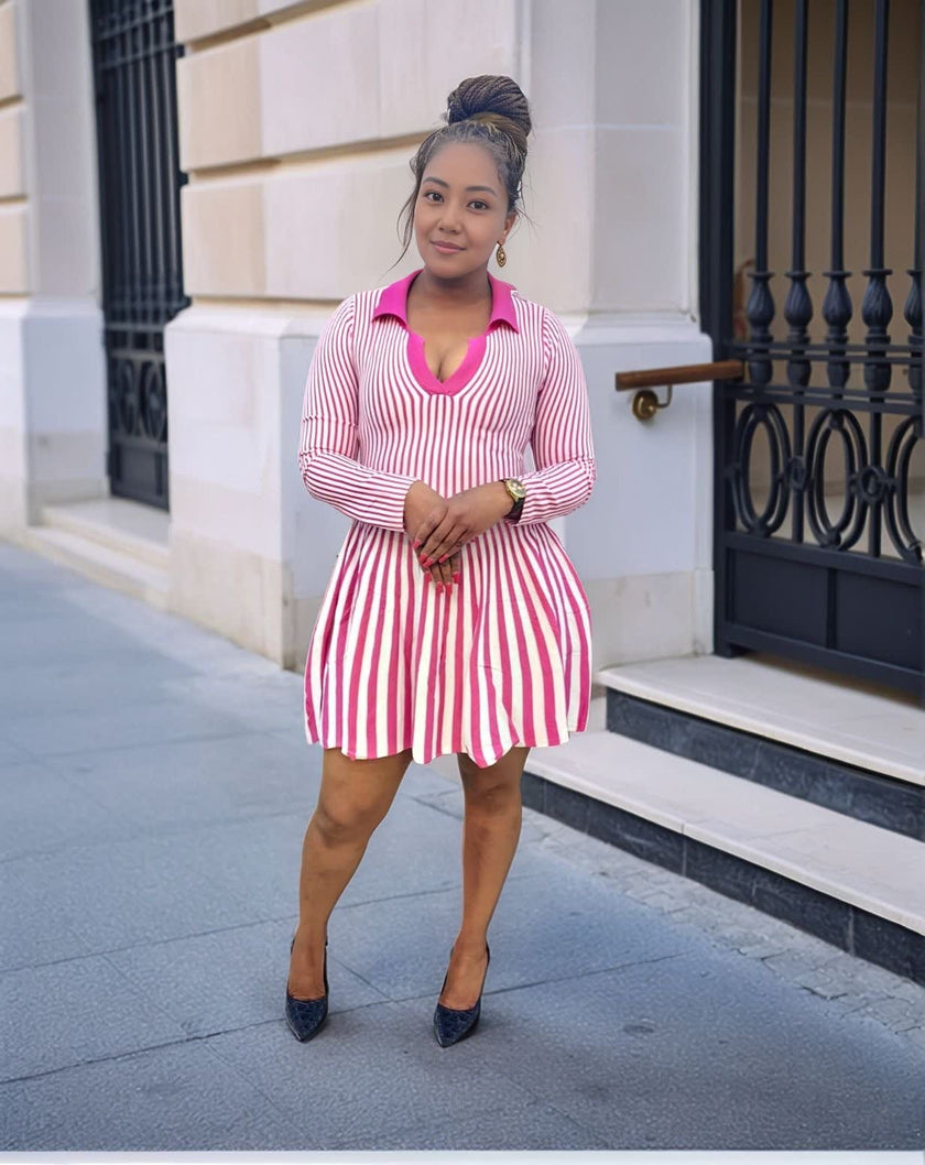 Women's Vertical Stripe Pleated Knitted Dress