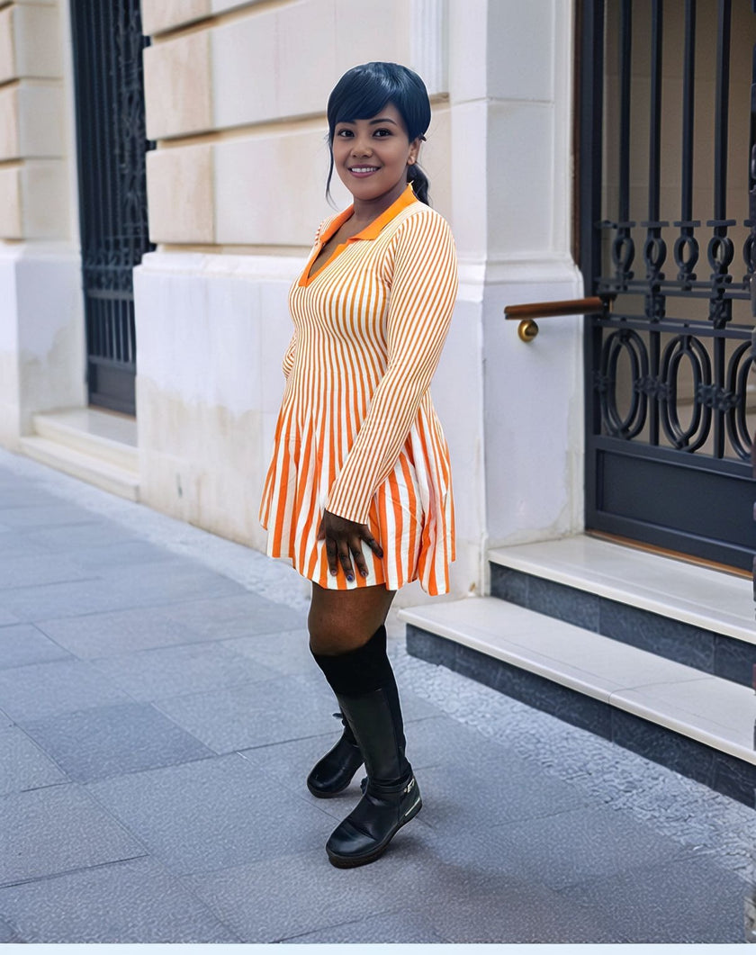 Women's Vertical Stripe Pleated Knitted Dress