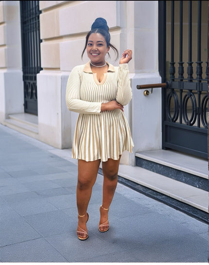 Pleated knit mini dress with vertical cream-and-white stripes and V neckline