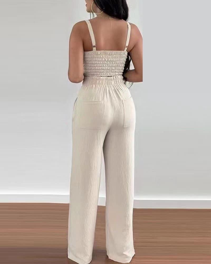 Ivory smocked back cami crop top and wide-leg trousers set