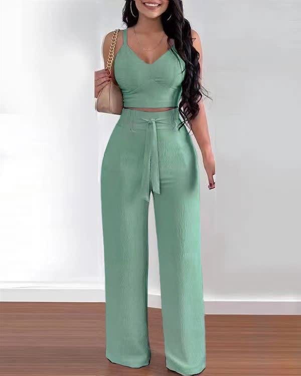 Sleeveless V-Neck Crop Top & High-Waist Wide-Leg Trousers Twin Set