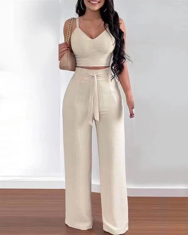 FashionPrice Twin Set V-Neck Crop Top Wide-Leg Trouser