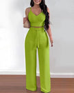 Lime green v-neck crop top and wide-leg trousers set with drawstring waist