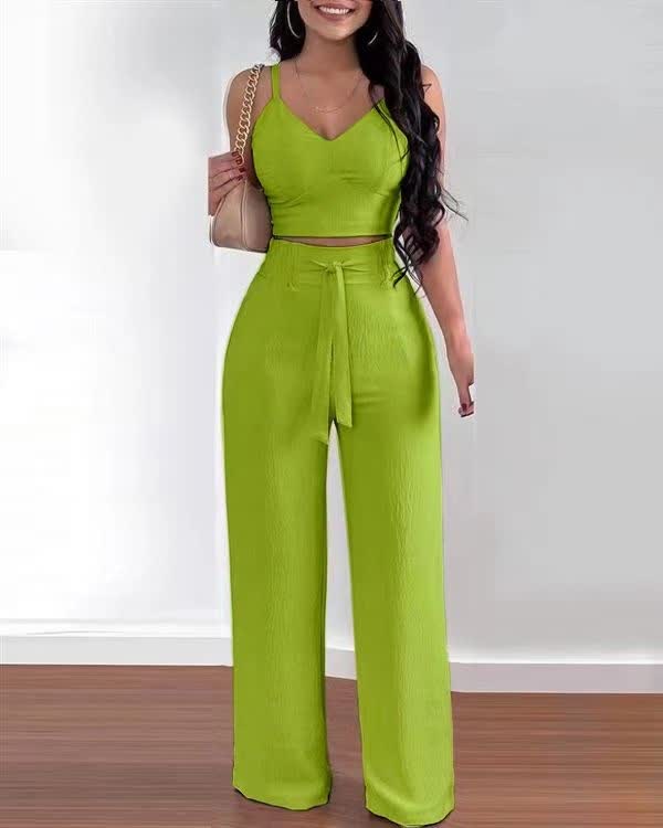 Lime green v-neck crop top and wide-leg trousers set with drawstring waist
