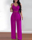 Purple v-neck crop top and wide-leg trousers set with drawstring waist