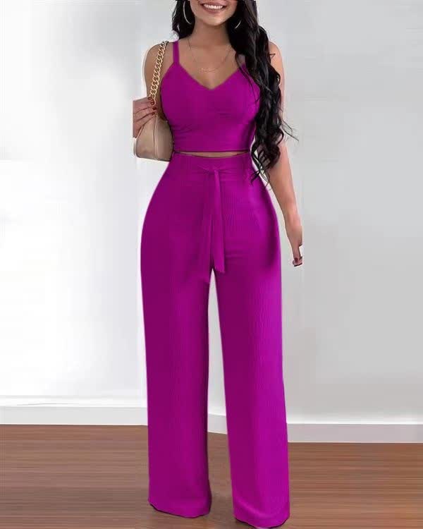 Purple v-neck crop top and wide-leg trousers set with drawstring waist