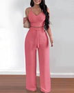 Rose pink v-neck crop top and wide-leg trousers set with drawstring waist