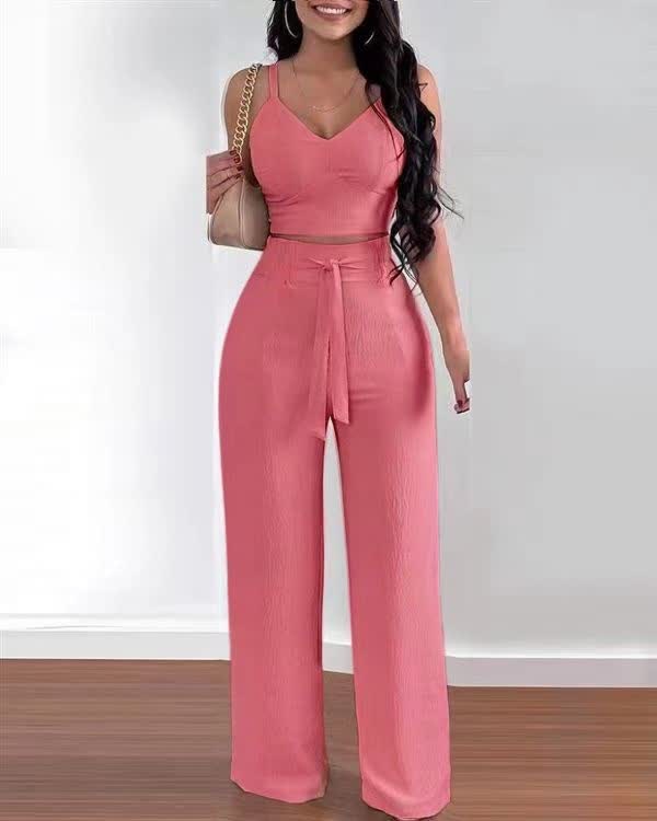 Rose pink v-neck crop top and wide-leg trousers set with drawstring waist