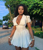 Puff Sleeve Deep V Mini Dress  Lace Trim