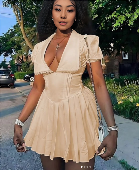 Deep V-Neck Short Sleeve Dress｜Puff Sleeves with Lace Trim