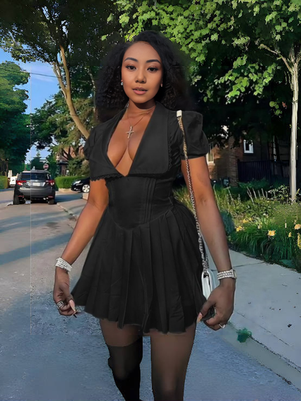 Black puff-sleeve mini dress with deep V neckline and lace-trim edge