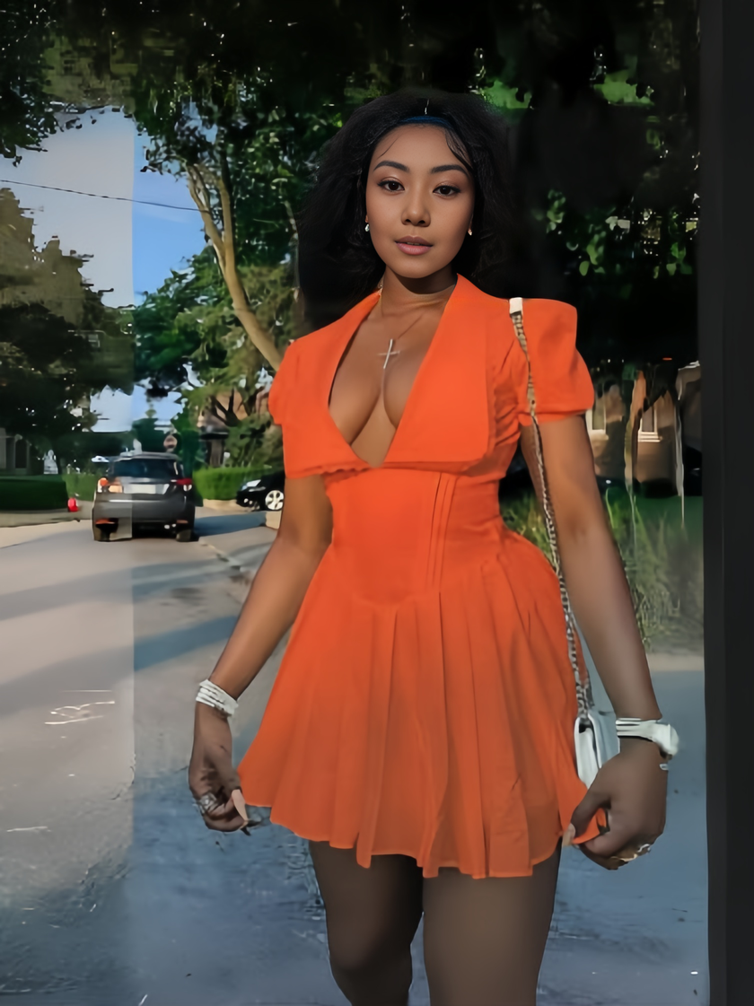 Deep V-Neck Short Sleeve Dress｜Puff Sleeves with Lace Trim