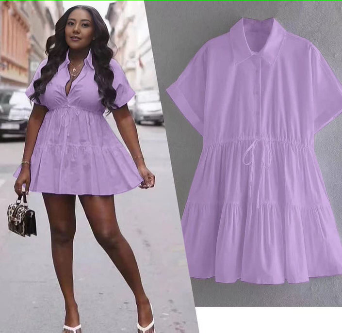 Light-purple tiered drawstring mini dress, V-neck, short sleeves, gathered skirt