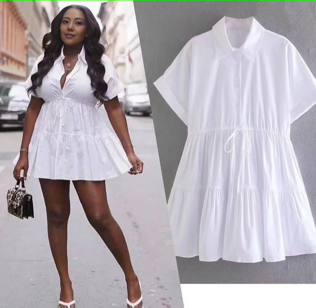 White tiered drawstring mini dress, V-neck, short sleeves, gathered skirt