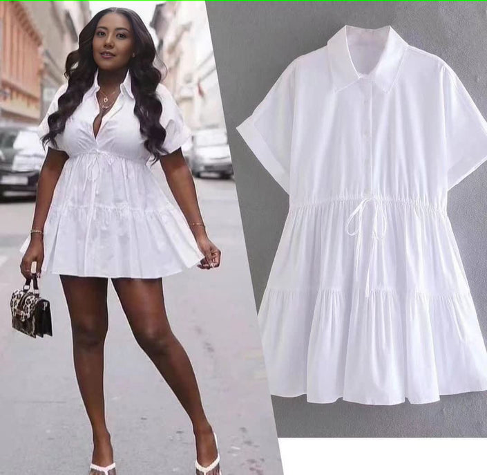 White tiered drawstring mini dress, V-neck, short sleeves, gathered skirt