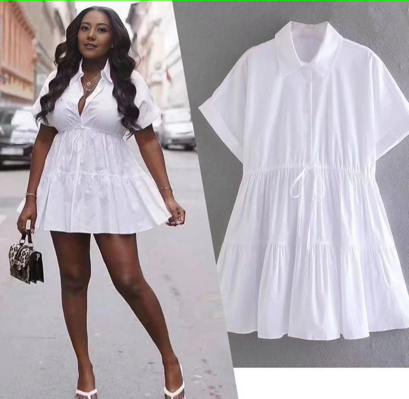 White tiered drawstring mini dress, V-neck, short sleeves, gathered skirt