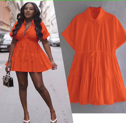 Orange-red tiered drawstring mini dress, V-neck, short sleeves, gathered skirt