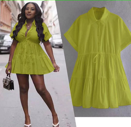 Yellow-green tiered drawstring mini dress, V-neck, short sleeves, gathered skirt