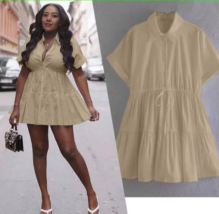 Tan tiered drawstring mini dress, V-neck, short sleeves, gathered skirt