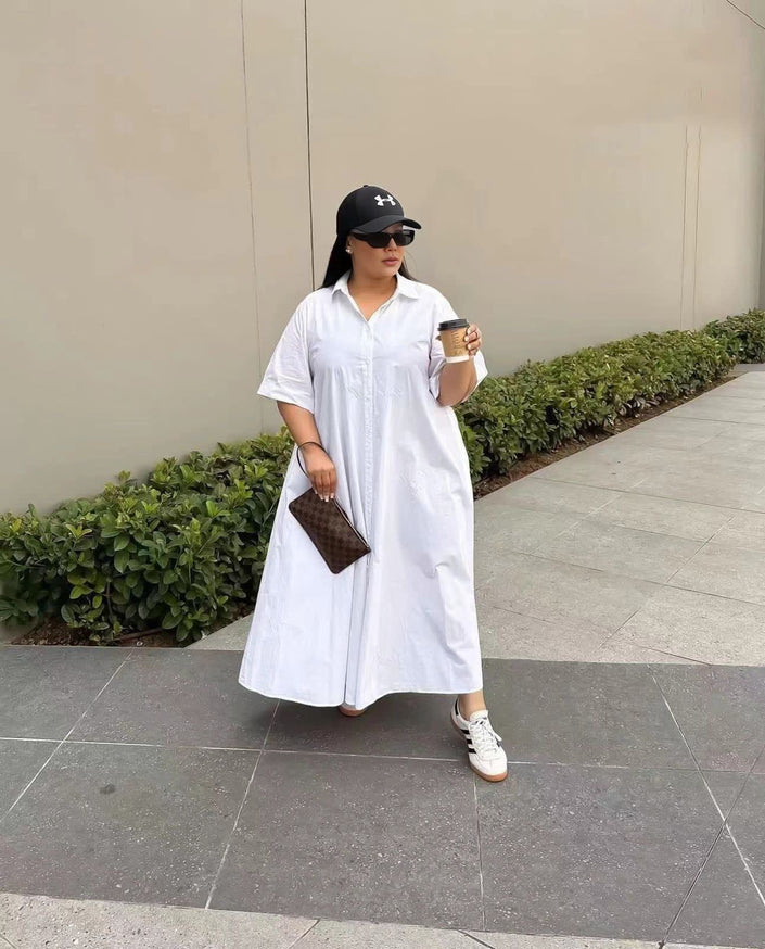 White shirt dress maxi with short sleeves and button front