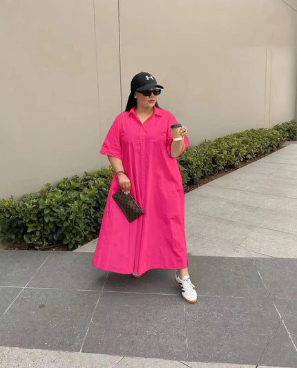 Deep pink shirt dress maxi with short sleeves and button front