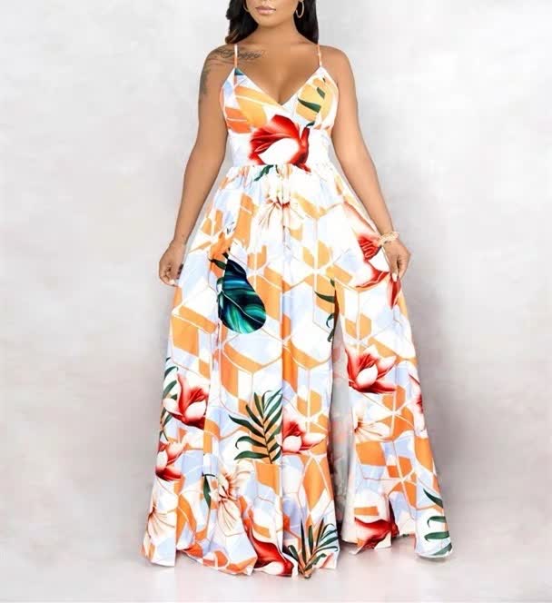 Sleeveless V-Neck Floral Geometric Print Dress