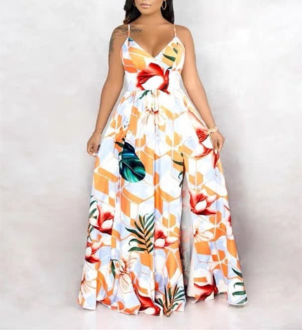 Floral geometric maxi dress, sleeveless V-neck, orange and white with red and green print