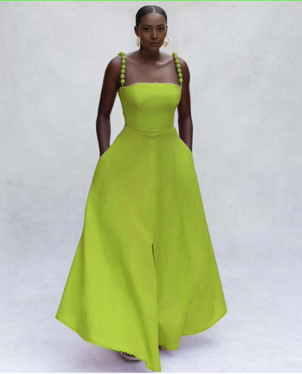 Yellow-green maxi dress with square neckline and pom-pom strap accents