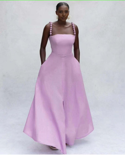 Light purple maxi dress with square neckline and pom-pom shoulder straps