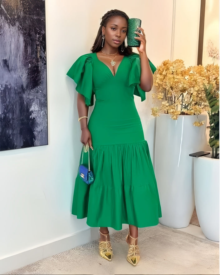 Tiered midi dress in forest-green with flutter sleeves and fitted waist