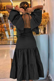 Tiered midi dress in black with flutter sleeves and tiered midi hem