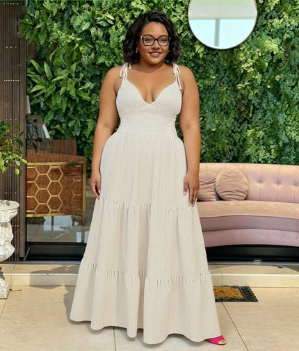 White striped maxi dress with tie shoulder straps and tiered skirt