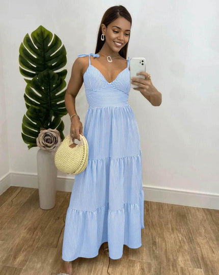 Sky-blue striped maxi dress with tie shoulder straps and tiered skirt