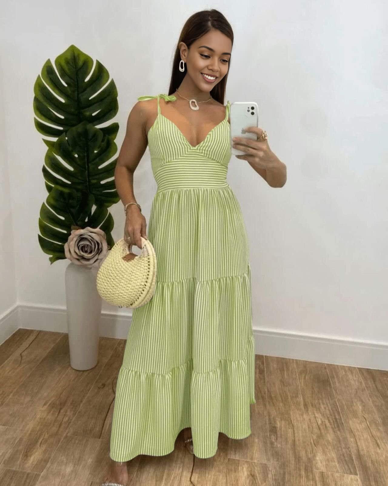 Mint-green striped maxi dress with tie shoulder straps and tiered hem