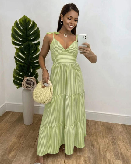 Mint-green striped maxi dress with tie shoulder straps and tiered hem